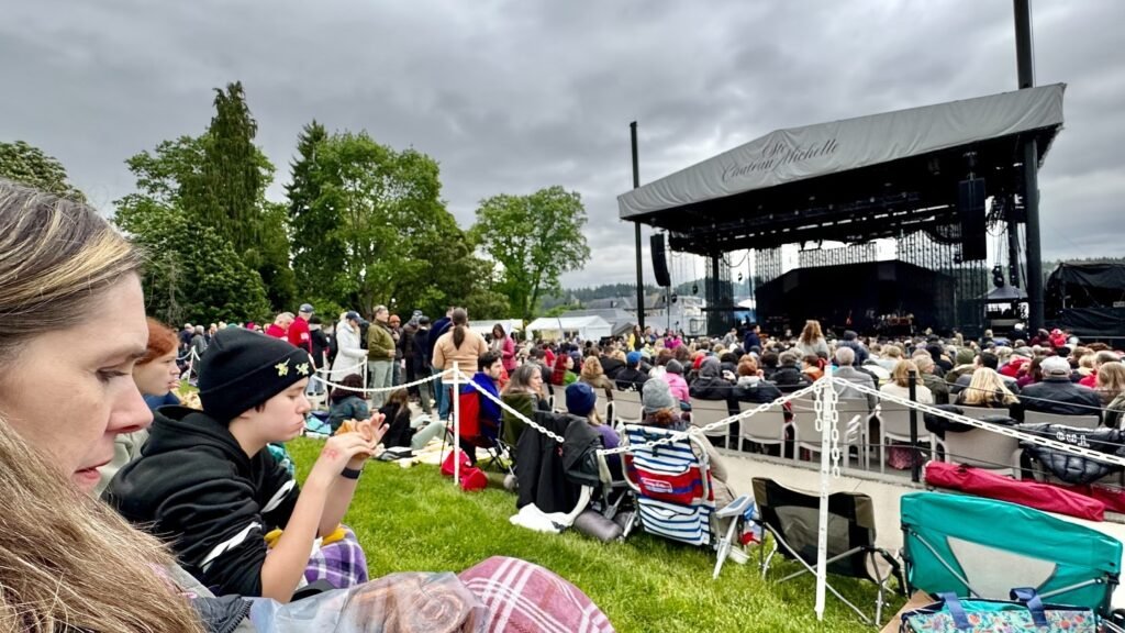 Attendees sitting on a grassy lawn enjoying a concert with a large stage in the background.