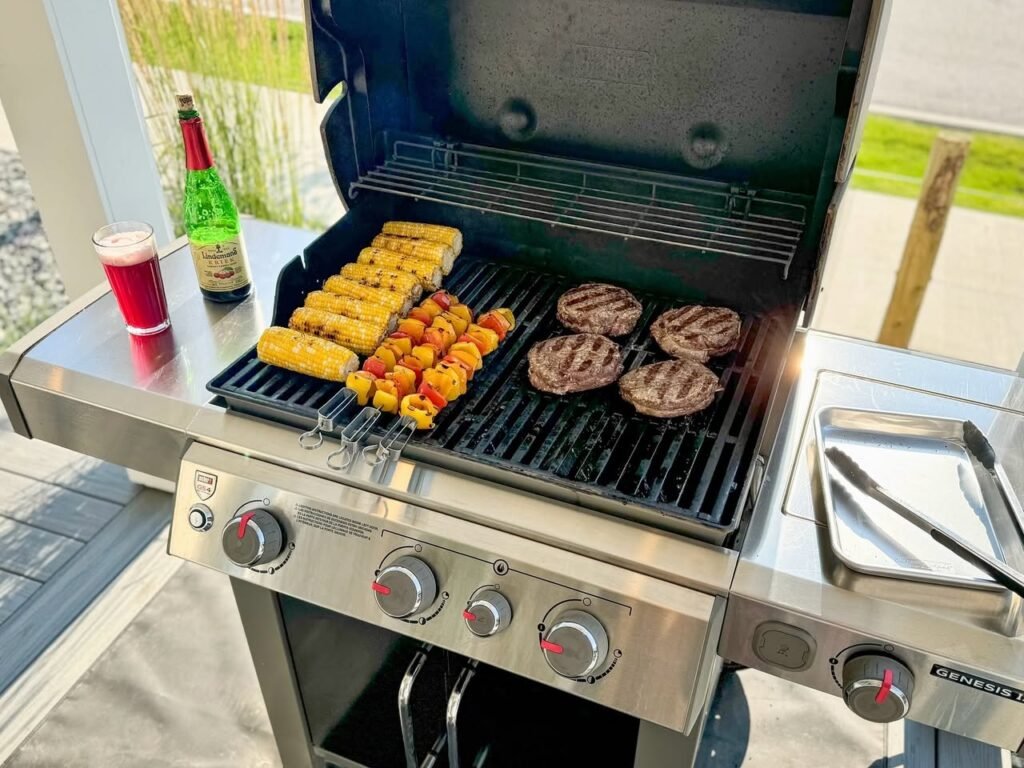 A stainless steel grill with burgers, corn, and vegetables cooking on the grates. Condiments and drinks are placed on the side.