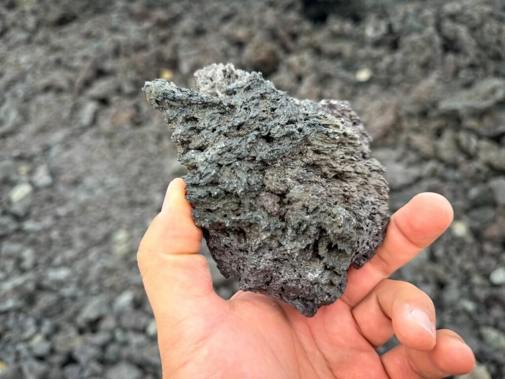 A hand holds a porous lava rock over a gray gravelly shore. Close-up of volcanic rock and black pebbles in Pacific Northwest scenery.