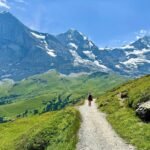 Lauterbrunnen AKA Rivendell A hiker walks a gravel path through a green alpine meadow. Snow-capped mountains and a blue sky form the background.