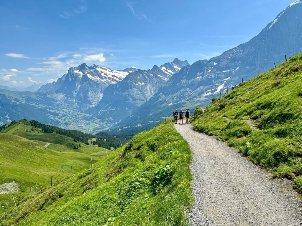 Hikers walking along a gravel path through green alpine meadows in the Swiss Alps.