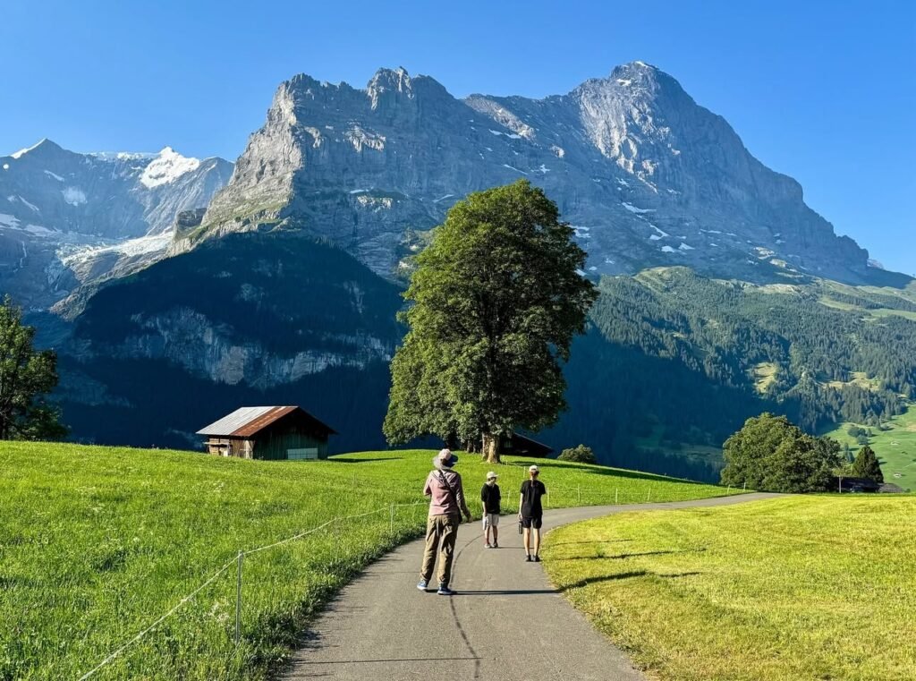 Hikers walking on a paved path through a green meadow with a small chalet and majestic mountains in the background.
