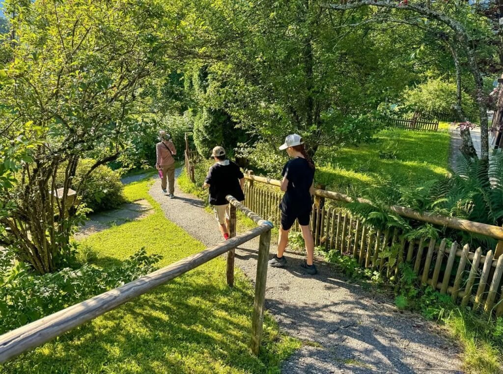 Visuals of a winding gravel path in a lush green garden bordered by rustic wooden railings, with a person visible in the distance.