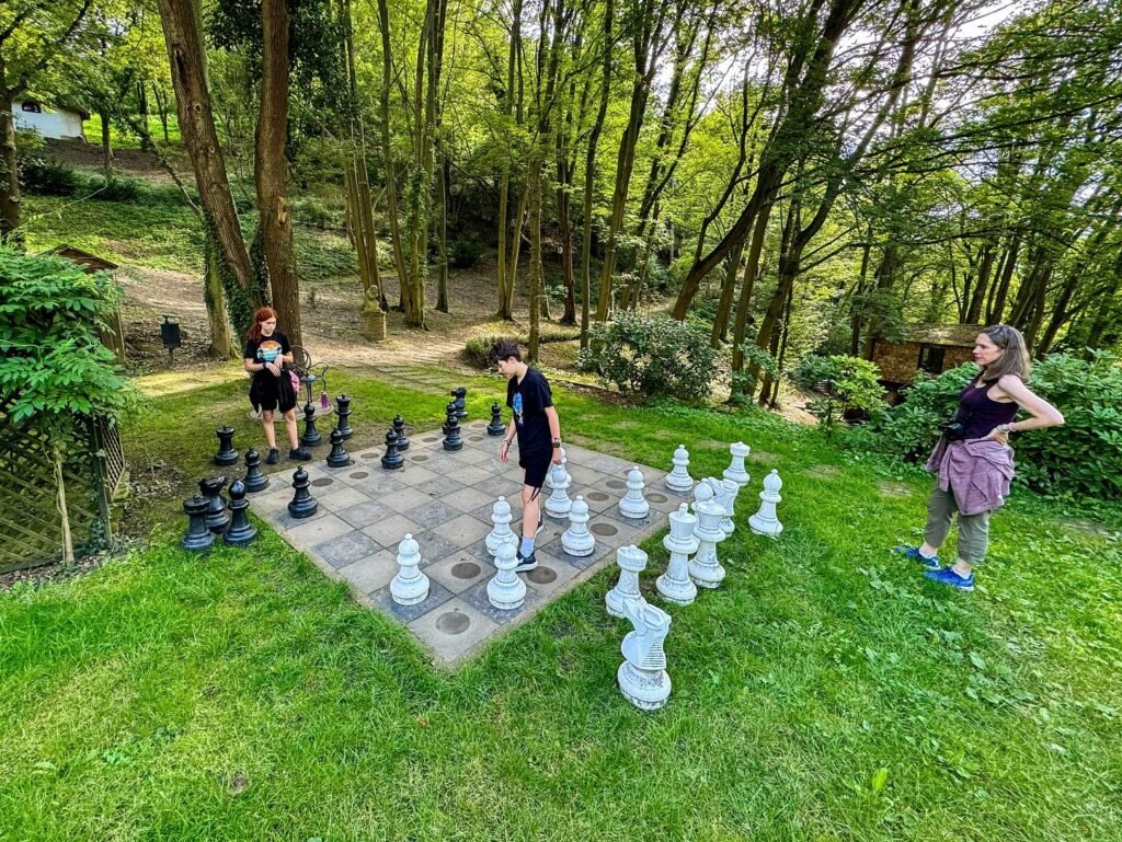 A group of people playing giant chess on a stone board in a lush, woodsy garden. The scene features oversized white and black chess pieces surrounded by tall, thin trees.