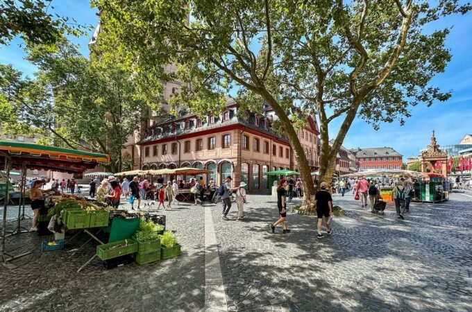 A historic European market square features cobblestone paths, outdoor food stalls, and towering trees. The vibrant scene captures local commerce and community life.