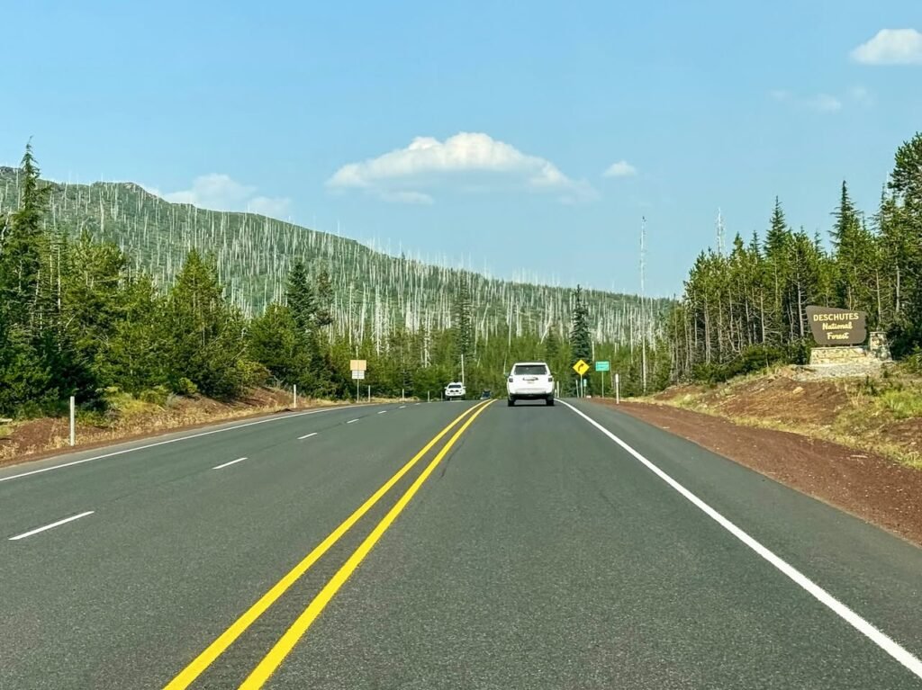 Photos of a highway surrounded by trees and a clear blue sky, plus close-ups of mountains and a car on the road.