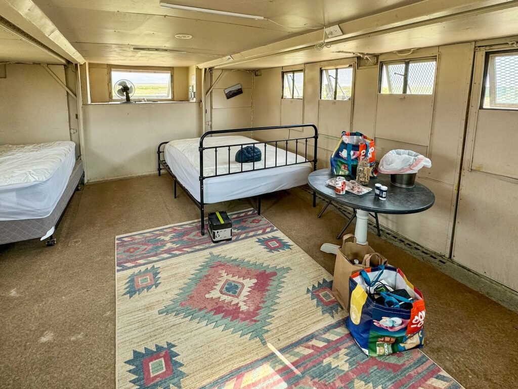 A cozy RV interior with two beds, a patterned rug, and small windows along the wall.