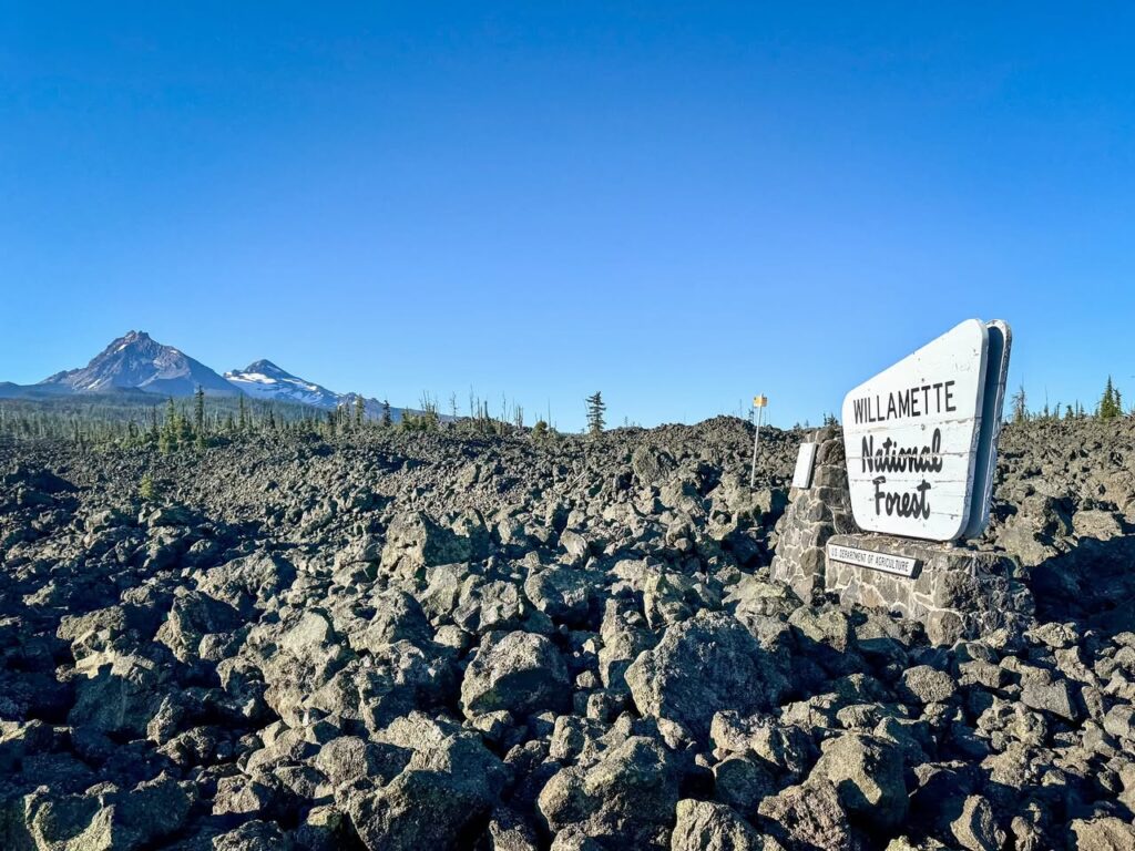 A rocky field stretches beneath a clear blue sky with the Willamette National Forest sign in the foreground.