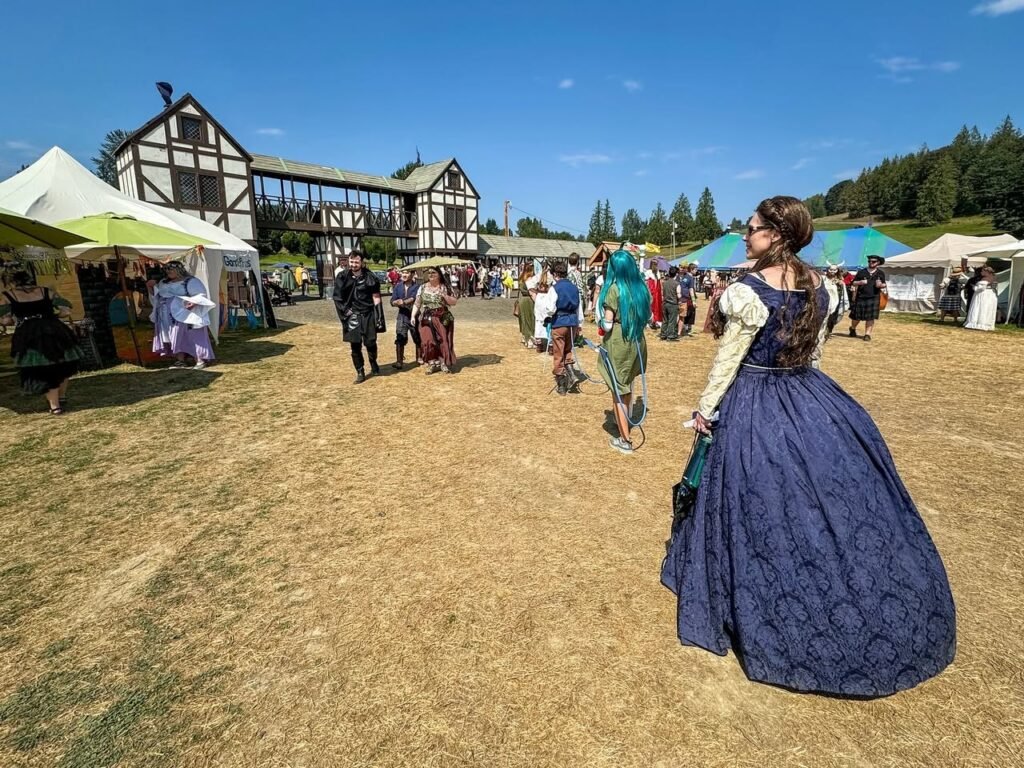 A person in a blue patterned dress at a historical market with Tudor-style architecture. Vendors and visitors populate the sunny outdoor space.