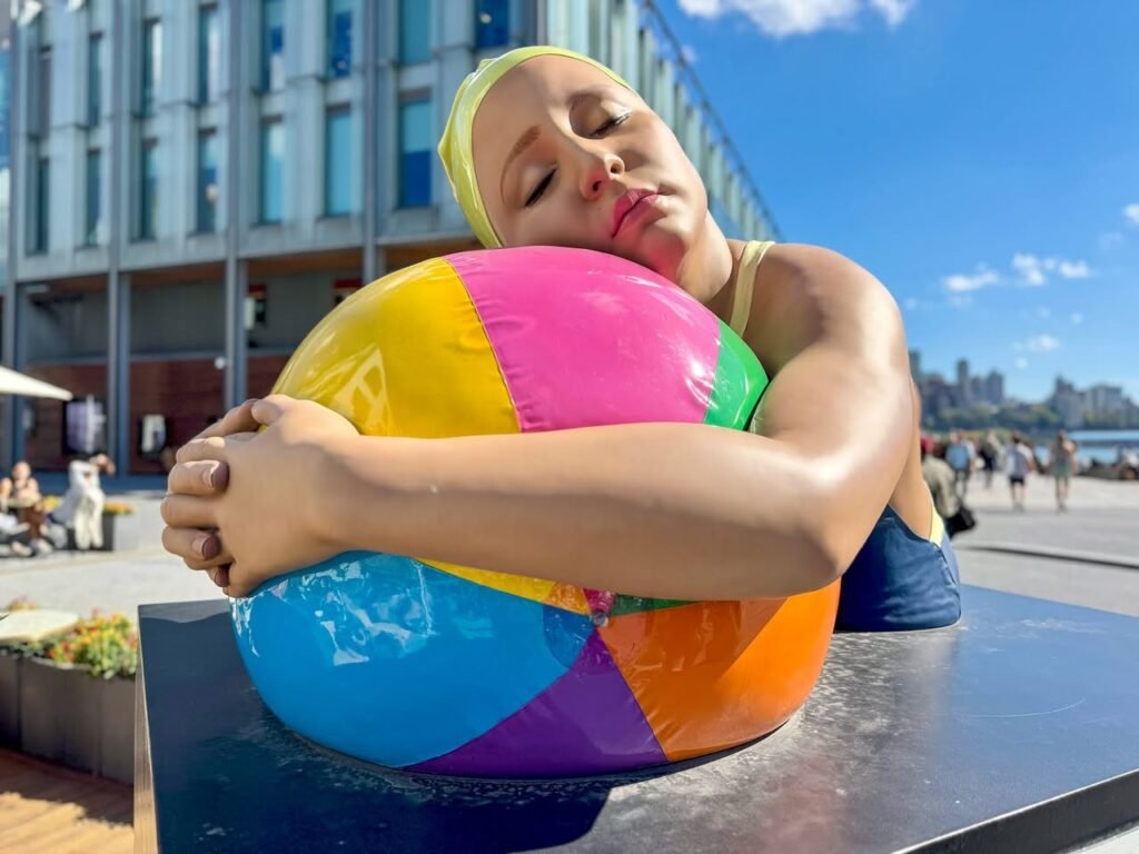 A person holding a vibrant multicolored beach ball outdoors.