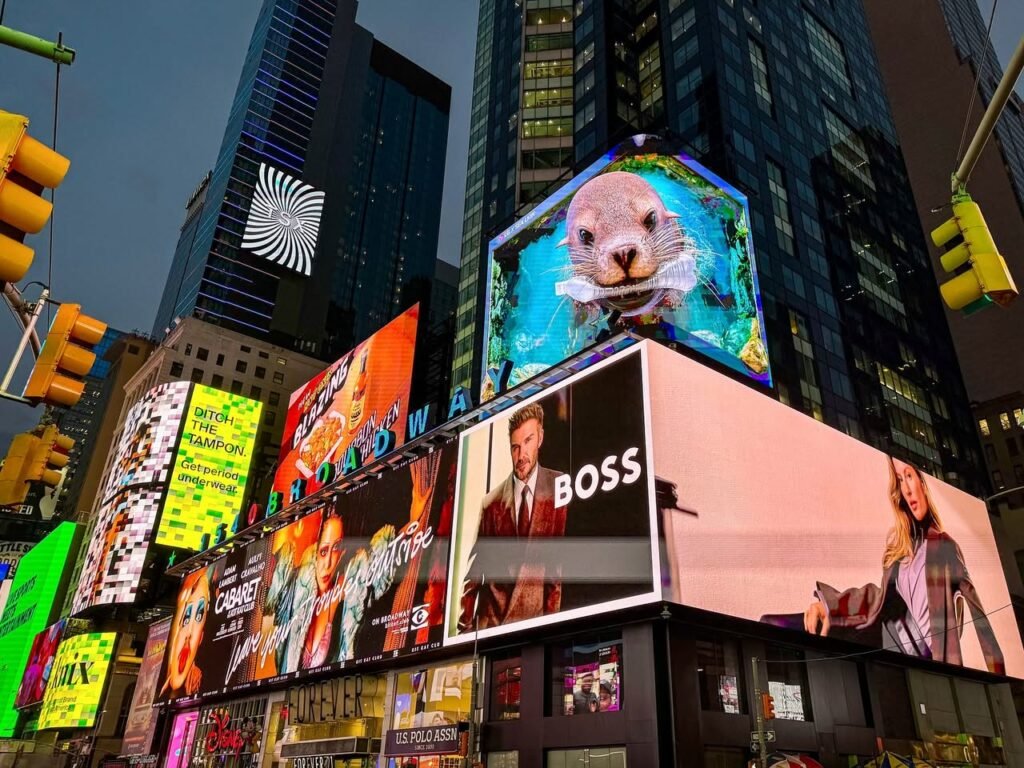 Colorful digital billboards in Times Square feature a sea otter and various advertisements.