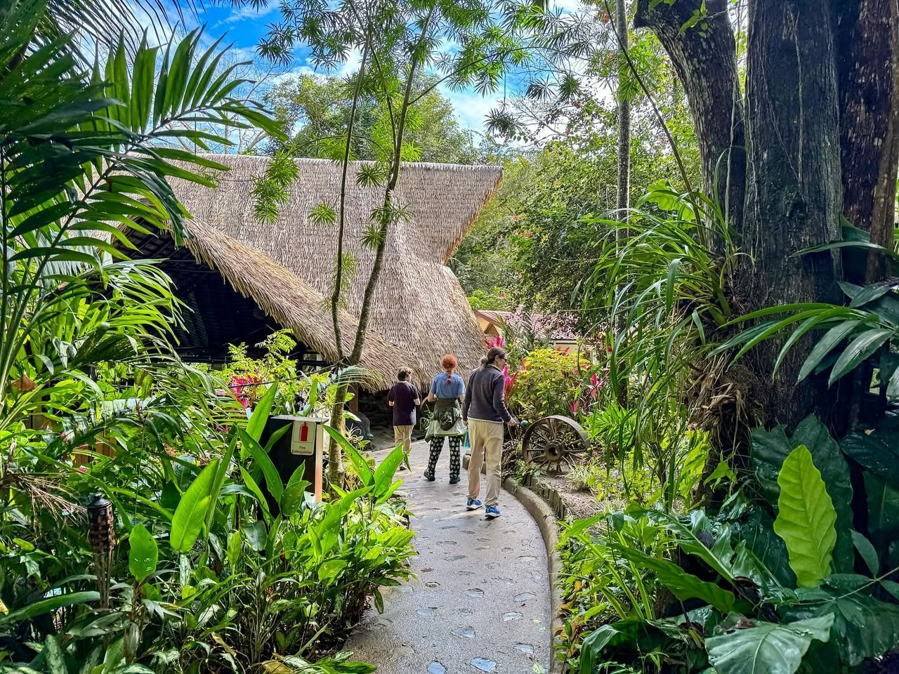 A stone path winds through a lush, green tropical garden toward a traditional thatched-roof building. Visitors stroll along the walkway amidst dense foliage and palm trees.