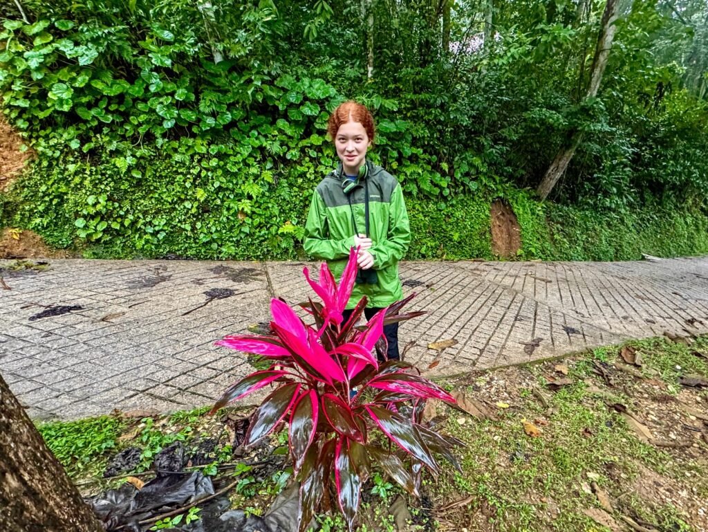 A person in a green jacket stands beside a vibrant pink plant in a lush garden. The background features dense green foliage and a paved path.