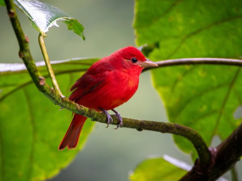 A close-up of a vividly red bird perched on a leafy branch, surrounded by lush green foliage.