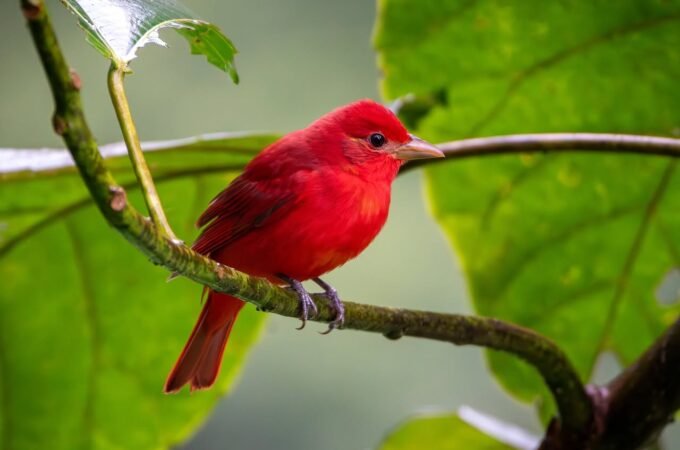 A close-up of a vividly red bird perched on a leafy branch, surrounded by lush green foliage.