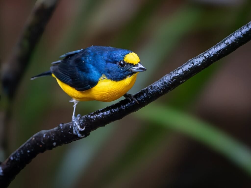 A vibrant blue and yellow bird, likely a male golden-headed manakin, perches firmly on a wet dark branch in a lush, green forest setting.