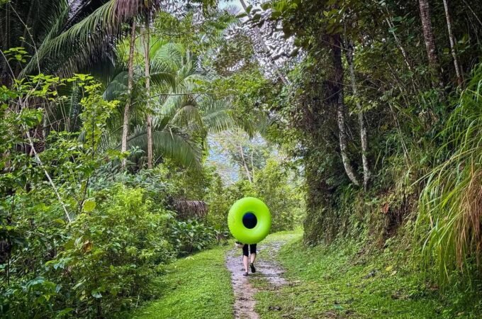 A person walks away down a green jungle path holding a large neon green ring.