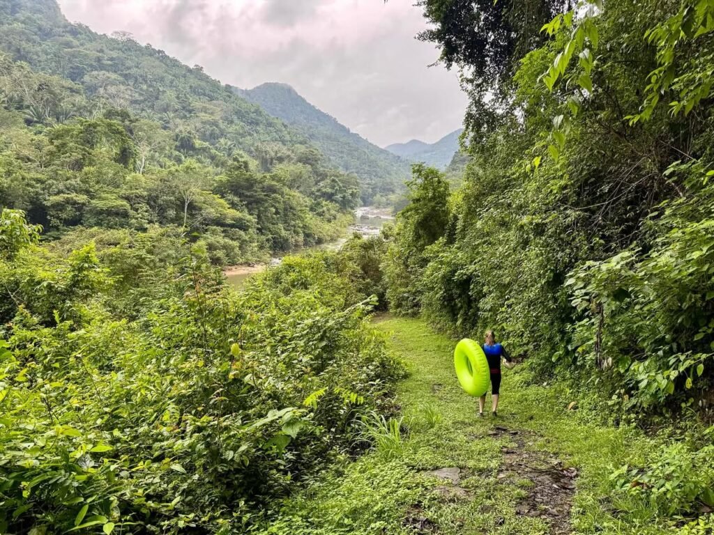 A person carrying a bright green ring along a jungle trail. Lush vegetation and rolling hills stretch across a misty mountain valley.