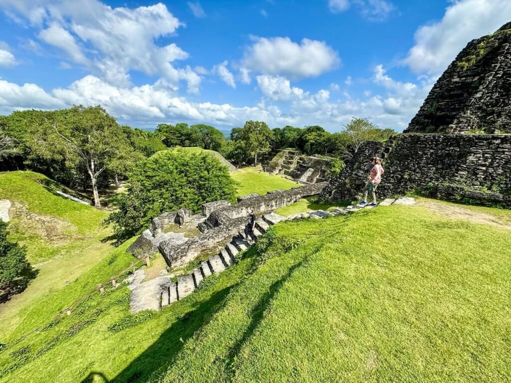 Panoramic view of lush green terraces and ancient stone structures at Mayan ruins. Dense tropical jungle and clear blue sky in the background.