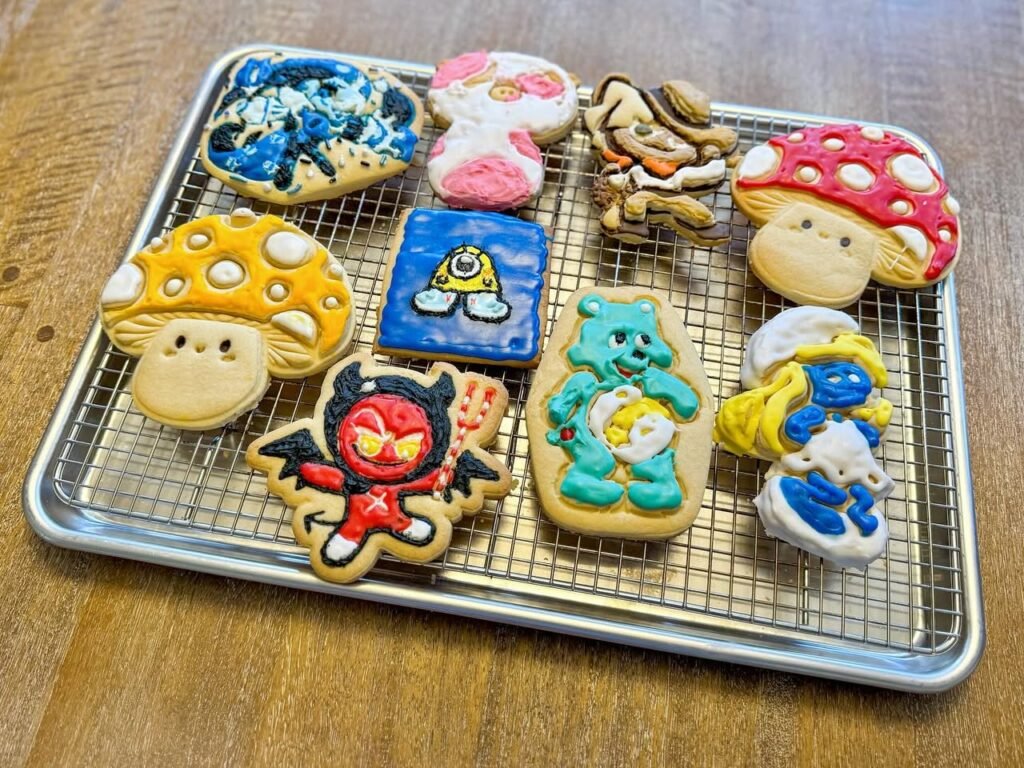A tray of intricately decorated sugar cookies shaped like video game characters and mushrooms. Close-up shots highlight the cute, artistic icing details.