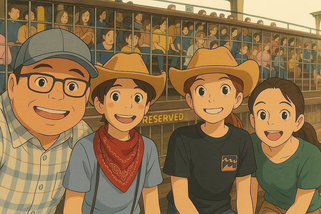 A group of smiling animated characters poses for a photo at a rodeo event, with a crowd visible in the background behind a fence. The scene captures a fun and lively moment among friends.