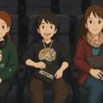 Family of three sitting in a cinema with personalized anime avatars, holding popcorn and snacks. A digital collage capturing a cozy moment together.