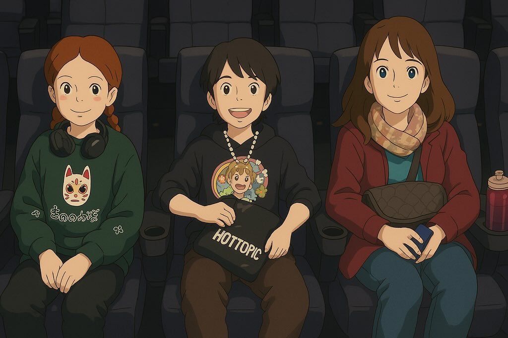 Family of three sitting in a cinema with personalized anime avatars, holding popcorn and snacks. A digital collage capturing a cozy moment together.