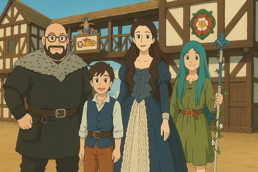 This image displays cast members from an animated show standing in front of a Tudor-style building and a close-up of individual characters.