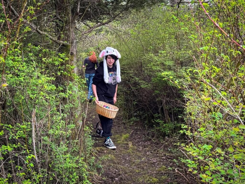 A person walking a forest path carrying a wicker basket.