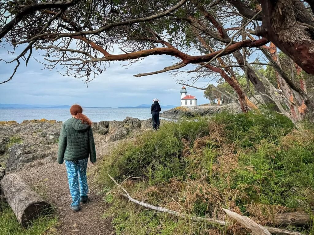 Two people walking along a dirt path near a rocky shoreline. Eucalyptus branches frame a distant view of a red-roofed lighthouse.