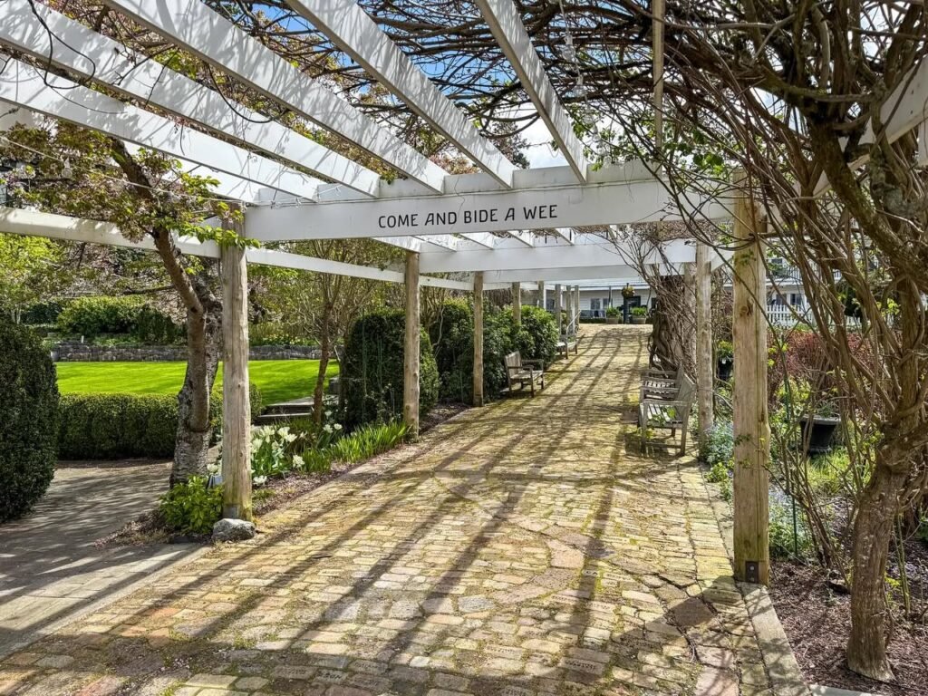A stone pathway stretches beneath a white wooden pergola in a garden. A sign on the pergola reads 'Come and ride a wee.'