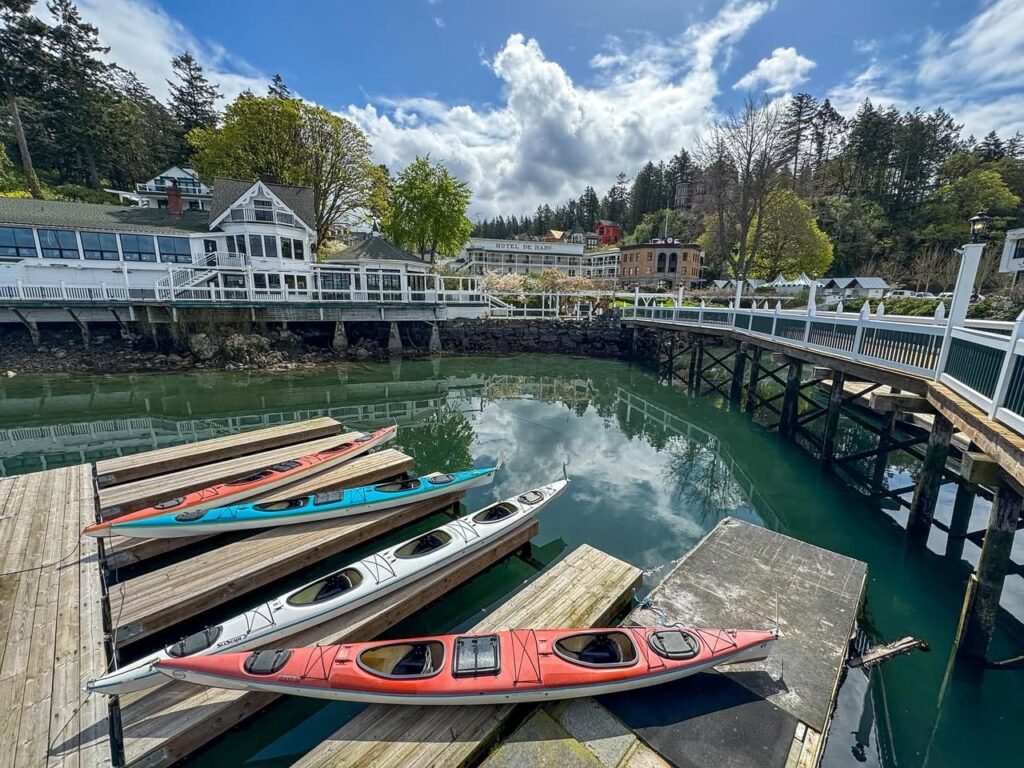 Colorful kayaks docked on a wooden pier, with a marina and scenic background featuring a historic building.
