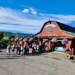 Washington Midsummer Renaissance Faire A red barn-style building with a green roof, featuring flower baskets and a group of visitors, set against a backdrop of rolling hills under a blue sky.