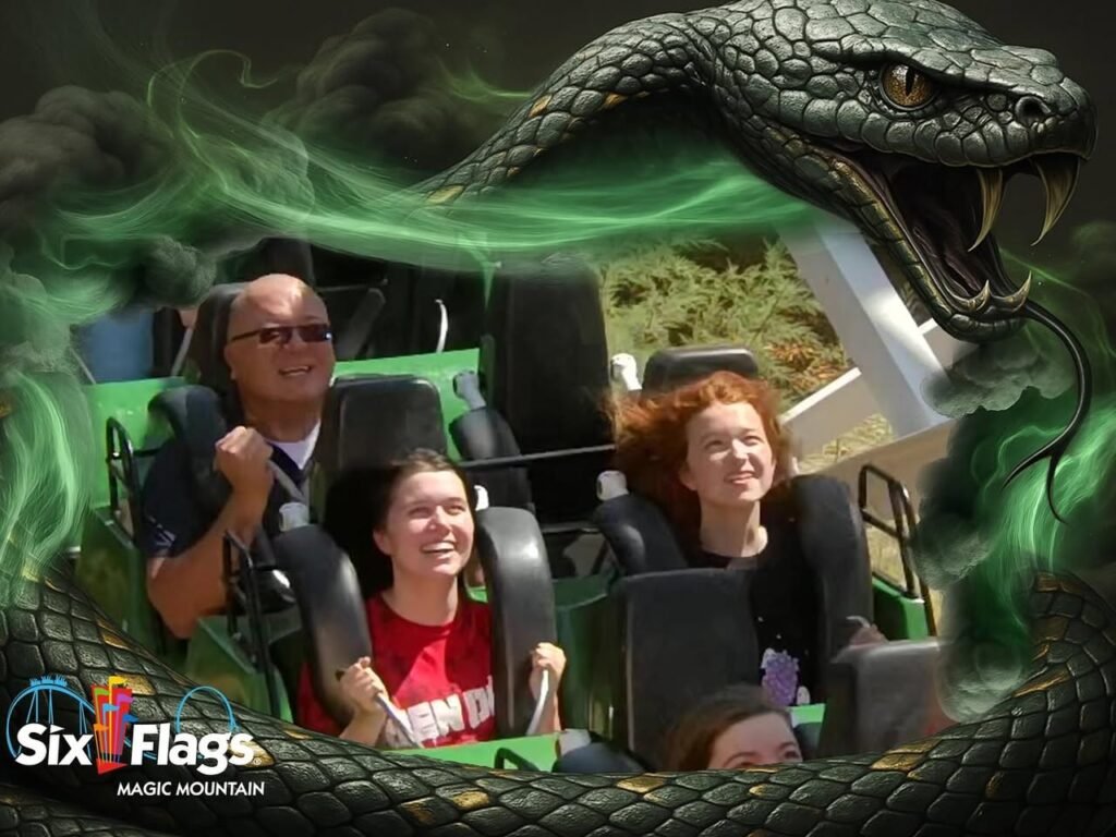 Excited riders on a roller coaster at Six Flags Magic Mountain with a large green snake graphic.