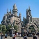 A majestic, multi-tiered castle with pointed turrets, built into a rocky cliffside. Visitors walk through the plaza, taking photos against a clear blue sky.