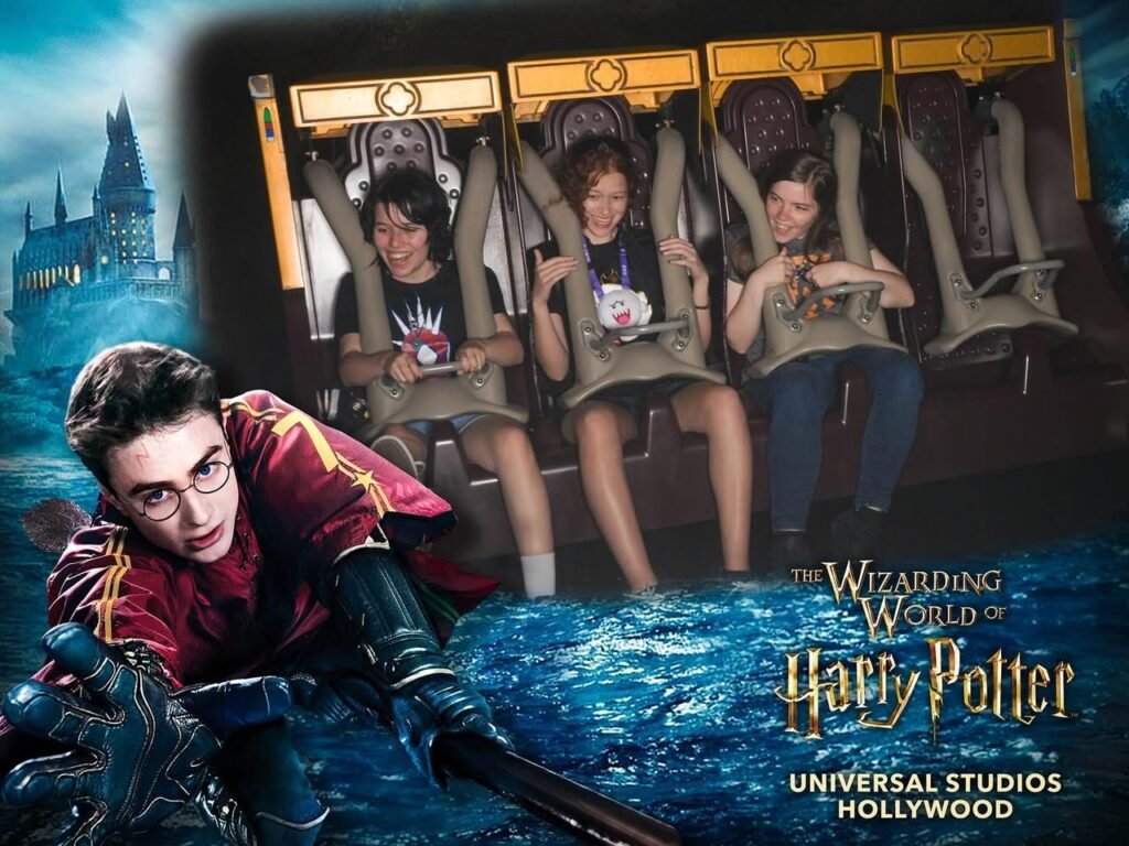 Travelers enjoy the Harry Potter Quidditch experience at Universal Studios Hollywood, set against a backdrop of Hogwarts.