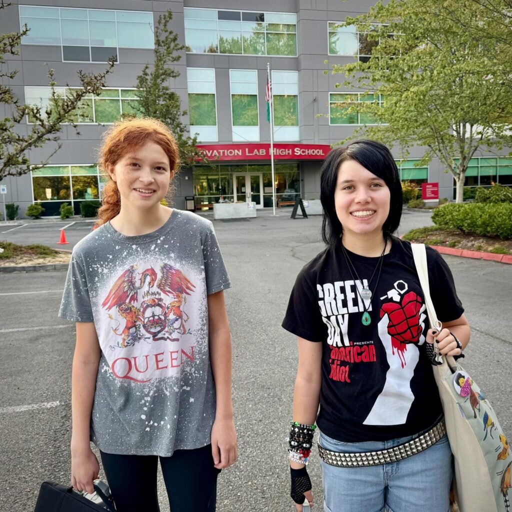 Two students posing in front of a school building, with smaller images showing details of their clothing and individual poses.
