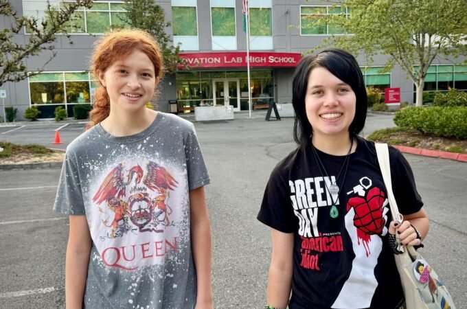 Two students posing in front of a school building, with smaller images showing details of their clothing and individual poses.