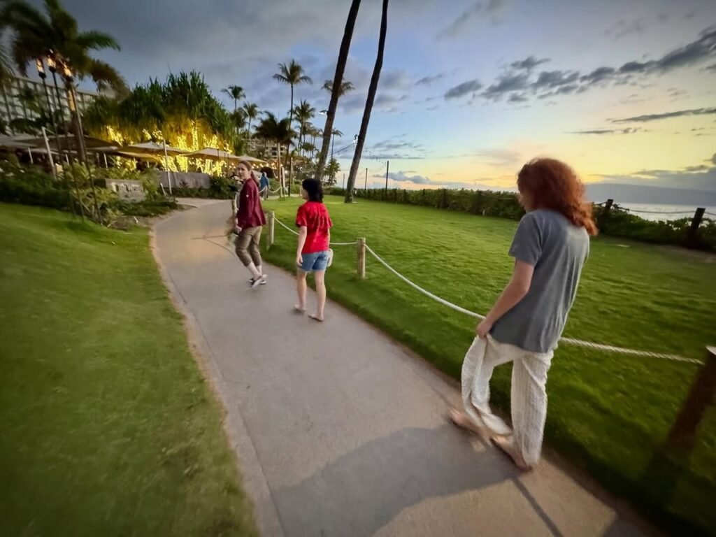 A paved path winds through a tropical garden with palm trees and warm lighting at dusk. People stroll along the path with an ocean view in the background.