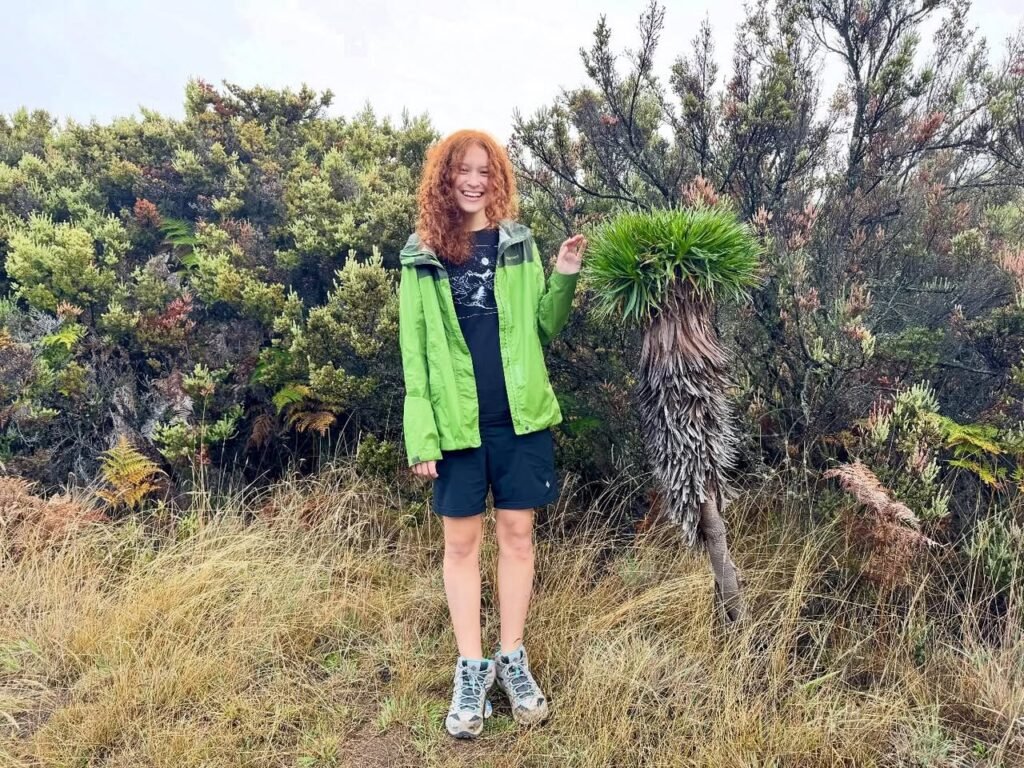 A hiker in a bright green jacket stands in a grassy, coastal environment. The scene features a thatch palm and dense, bushy vegetation.