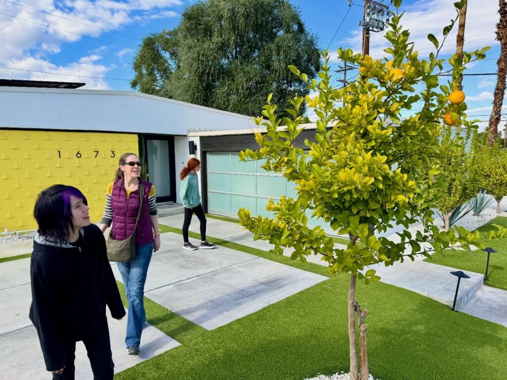 Two women walk on a concrete path near a citrus tree with fruit, set against a yellow wall.