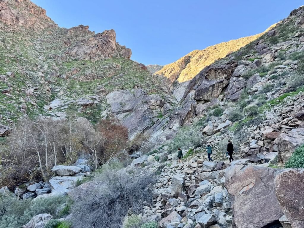 A group of hikers navigates a rocky trail through a rugged desert canyon under a clear blue sky.