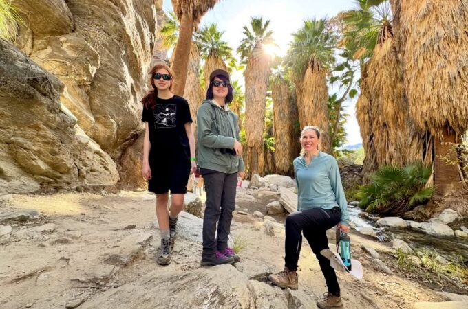 A group of three people posing among tall palm trees and rocky canyon walls on a sunny day.