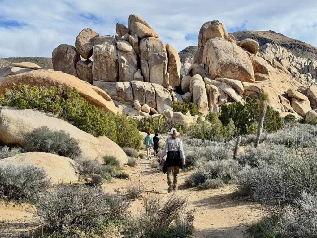 Hikers walking on a trail near the John Muir Tower in Joshua Tree National Park.