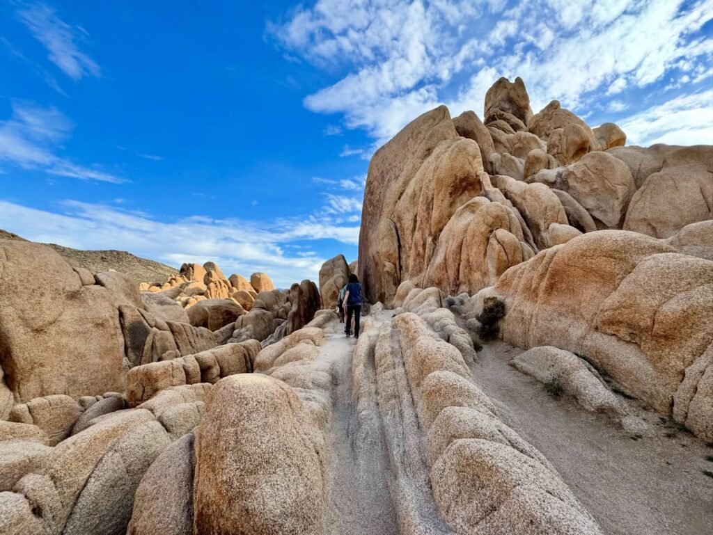 A hiker walks through a landscape of smooth granite boulders under a bright blue sky in the desert.