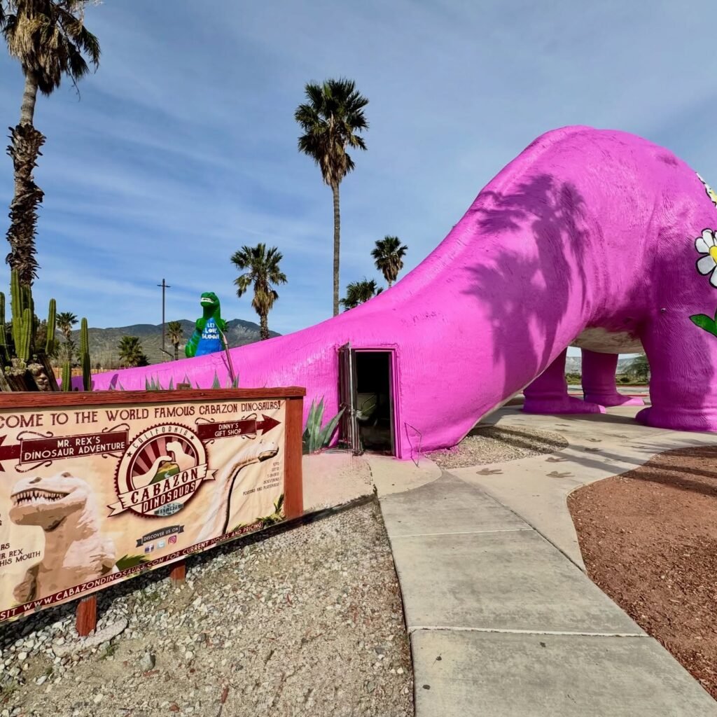 A large pink dinosaur rug in the shape of a Brachiosaurus at the world famous carpet rug museum in Palm Springs.