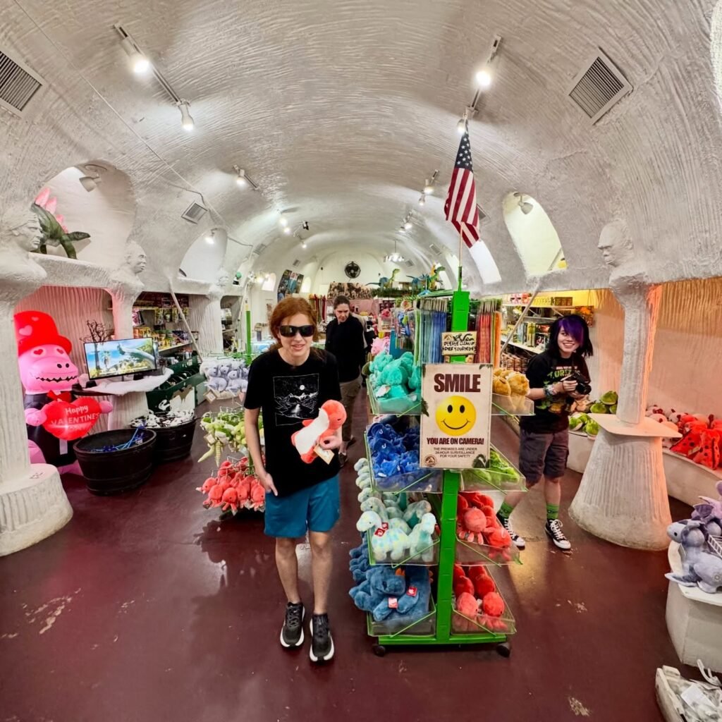 A person browses plants, vases, and plush toy gifts in a bright, arched store with red floors and a 'Smile' sign.