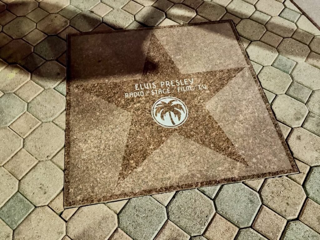 A close-up view of the Elvis Presley star on the Hollywood Walk of Fame with a palm tree emblem.