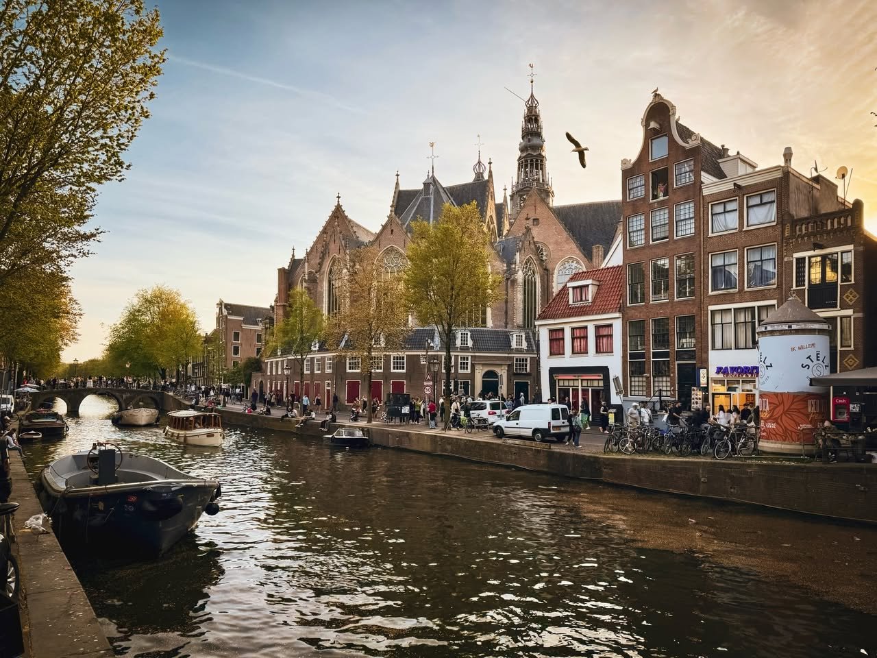 A serene Amsterdam canal lined with historic buildings and a church, framed by trees under a clear sky.