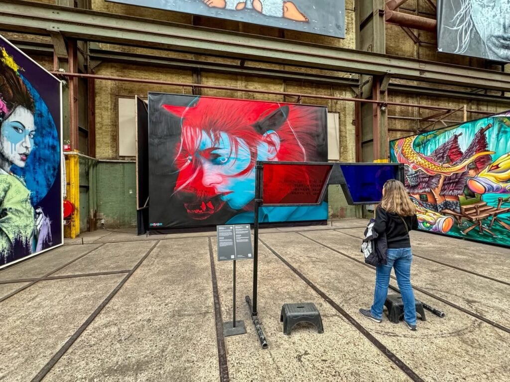 Cordons isolate large-scale street art works in an urban gallery space.